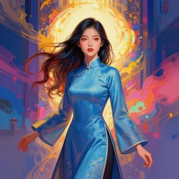 prompt! dream symmetry!! stunning portrait of vietnamese girl in tradition clothes!! by victo ngai, kilian eng vibrant colours, dynamic lighting, digital art, winning award masterpiece, fantastically beautiful, illustration, aesthetically inspired by beksinski and dan mumford, trending on artstation, art by greg rutkowski, 8 k