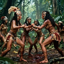 movie, ancient battle in jungle, beautiful brutal  aztec and Amazonian females fight, epic, vintage, blood, slight inspiration of Boris vallejo and  apocalypto
