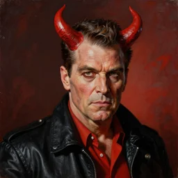 demonic ronald regan with red horns, painting in the style of norman rockwell, 1 9 5 0 s, evil, satan, devil, demonic, demon, hyperrealistic, photorealistic, award - winning, 4 k, ultra hd, artstation, intricate, highly detailed, american, usa, dark, gritty