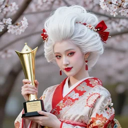 albino Maiko with a big fancy hair, detailed, jewelry, sakura,photograph, award wining, red and white, trending on artstation, 4k, unreal engine 5, octane render, neon highlights