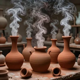 an alchemical laboratory of vapour voices made from ceramic vessels, air flow, clay, no humans, clay pipes, 8 k, unreal, high resolution, vivid rusty colours,