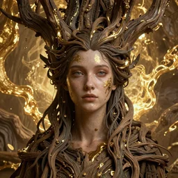 portrait photo of a surreal goddess in the middle of a ancient wood, gold fluid simulation in the background, ultra super good realistic 3D render by Pete Morbacher and Emil Melmoth, insanely detailed, trending on artstation, sharp focus