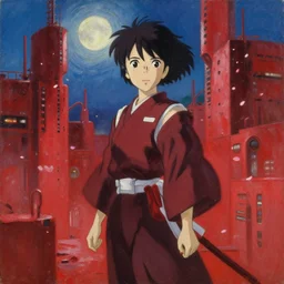 baroque oil painting of anime key visual concept art of a samurai girl, red futuristic concrete cityscapes, falling petals, background moonlight, trending on artstation, palette knife and brush strokes, oil on canvas, style of makoto shinkai greg rutkowski studio ghibli