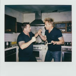 guy fieri brawling with gordon ramsay in abandoned kitchen by annie liebovitz, fritz lang, and beksinski, cursed polaroid, 3 5 mm