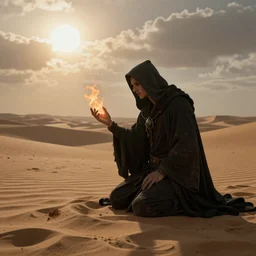 a lonely necromancer kneeling on the sand of a mercyless desert, flickering air, hot sun from above, clouds in the sky, the feeling of dread and existential terror, style of magic the gathering, octane render, unreal engine, 8k high definition