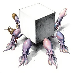 concept for sky blocking cube squid impobables, drawing inked by mike ploog, v finlay, alberto bontempi, shigeru komatsuzaki, wayne d barlowe, alex ross, enric torres, simon bisley & boris vallejo, pointilism, pencils, cinematical, narrative light, muted colors, epic, hyper detailed, awe inspiring,
