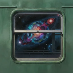 a train with a view of outer space visible through the window, art by hayao miyazaki, studio ghibli film, hi res, 4k, high detail