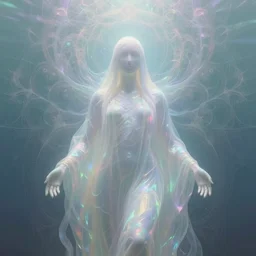 faceless, shrouded figure, powerful being, plant spirit, fractal entity, spirit guide, light being, pearlescent, shiny, glowing, ascending, aberration, weird, odd, surreal, smooth, shaman, symmetry, subtle pattern, pastel colors, ghostly, visions, visionary art, color dispersion, underwater, intricate, engraved