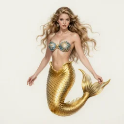 realistic portrait of beautiful siren, golden, delicate, facing camera, hyper realism, 1 4 5 0, ink, ultra realistic, 8 k
