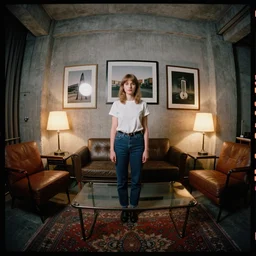 kodak portra 4 0 0, wetplate, 8 mm extreme fisheye, award - winning portrait by britt marling in a 1 9 9 0 s room, concrete, picture frames, shining lamps, 1 9 6 0 s industrial furniture, carpet