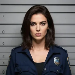 mugshot!!!! photograph!!!! of a charismatic lady criminal with a bad attitude in a police station. snarl. symmetrical portrait. grainy. illustration. art by artgerm, gret rutkowski, and slphonse mucha.