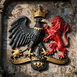 black eagle and red lion with golden elements, old city coat of arms