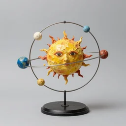 a kinetic sculpture of this solar system, sun, orrery, canon 5 d 5 0 mm lens, papier - mache, studio, circa 2 0 0 8