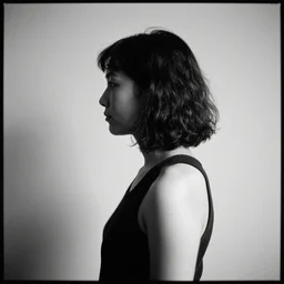 a side profile portrait photography of a woman. ultra contrast. black and white. centered in frame. highly detailed. hq. photoreal. Portra 400 film. Mamiya 7