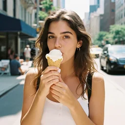 a film photo of a young brunette woman, 26, eating ice cream cone on a hot summer's day in New York City