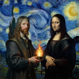 holy heat by leonardo davinci and monet, trending on artstationhd, highly detailed, starry night background, beautiful painting