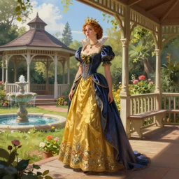 A queen lady standing on the house porche next to beautiful garden, a gazebo and a fountain. Fantasy and concept art, colorful digital painting, unreal engine.