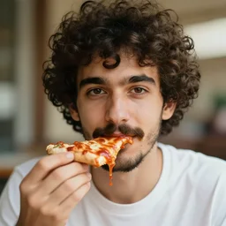 Young Italian man with curly hair, moustache and a short beard covered in pizza sauce. Sigma 85mm f_1.4, 4k, portrait photography