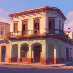 beautiful painting of cuban houses an storefront, 5 0's, front view, animation, trending in artstation, animation style, dawn light, art style by disney and pixar
