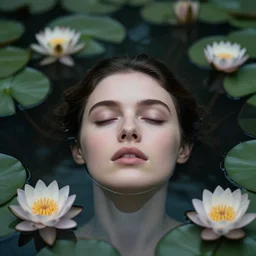 hyperrealistic cinematic photograph of a woman's face floating in a pond, surrounded by a forrest of lillies, deep focus, intricate, elegant, highly detailed, matte, sharp focus, photography by bill henson and gregory crewdson and james jean