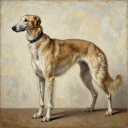 a textured renaissance painting of a borzoi on a wall