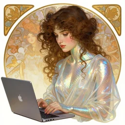 a digital illustration of a brunette girl with curly hair working on macbook, iridescent scaled skin, refraction and reflections, translucent, shawl, artstation, painting by alphonse mucha and bouguereau and ruan jia and conrad roset
