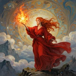 a beautiful mage casting a fireball, ginger hair with freckles inspired by annie, wearing long flowing red robes blowing in the wind inspired by alphonse mucha, standing on a mountain top, epic clouds and godlike lighting, intricate illustration and highly detailed digital painting. concept art by artgerm. inspired by brom art and larry elmore.