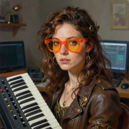 realistic painting portrait of a woman with brown hair, orange glasses, synthesizer, computer, steampunk, vivid colors