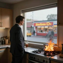 a man stands by his kitchen window in a suit looking across the street at a fast food restaurant there is burnt food on the stove, hyper realism, cinematic, volumetric lighting, octane render, unreal engine, 8 k, digital art, deviantart artstation, ray tracing, intricate complexity, extremely detailed,
