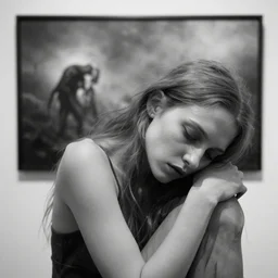 birth is a curse and she hasn't forgot that pain is another way of falling asleep, she is 2 1, skinny and beautiful, she listens to oathbreaker, award winning photography displayed at moma, black and white, the background is infected, insanely detailed, close up, foggy like in norwegian black metal aesthetic