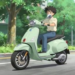 vespa action shot racing through the city of trees flcl by makoto shinkai concept art by syd mead
