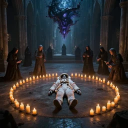 astronaut laying in the middle of a spell circle of burning candles in an eerie cathedral surrounded by a group of cultists performing a ritual, there is a vortex of obsidian forming in the air above volumetric lighting, realistic, ultra detailed