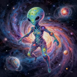 a shapeless extraterrestrial made of space and time, weaving threads of predetermination and a state of utter confusion across the universe, vibrant colors, fantasy illustration, digital art
