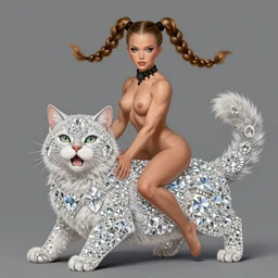 muscled Elin Nordegren with braided pigtails hair mounted on and riding her large fuzzy cat, shiny sparkling diamonds, mouth slightly open, wearing intricate black choker, elegant, highly detailed, centered, digital painting, artstation, concept art, smooth, sharp focus, illustration, artgerm, donato giancola, Joseph Christian Leyendecker, WLOP, Boris Vallejo, Artgerm