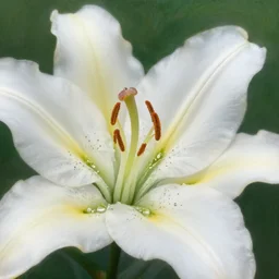 achingly beautiful extreme close up painting of one white lily blossom on green background rene magritte, monet, and turner. piranesi. macro lens.