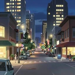 Still frame from an anime OVA by Makoto Shinkai depicting the city of Calgary at street level, detailed with bright lights, reflections and shadows.