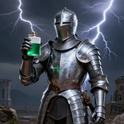 Knight in Plate armour holding a canonical flask containing green liquid in his hand, dramatic lightning, 4k