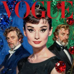 vogue magazine, elle magazine, anime korean audrey hepburn portrait 3 / 4 centered, ilya kuvshinov, john singer sargent, oil painting, shaft anime key visual, tones of blue sapphire and tones green emerald and tones of red ruby trending on artstation, intricate
