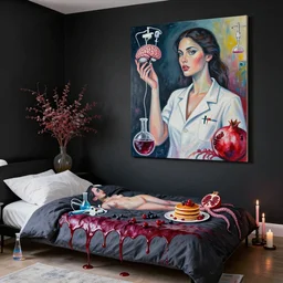 bedroom with black walls and a futon, berry juice dripping, ikebana, a sensual portrait of a female pathologist holding a brain, intravenous drip, pomegranate, candles, octopus, sensual, pancakes, berries, surgical supplies, scientific glassware, candles, neo - expressionism, surrealism, acrylic and spray paint and oilstick on canvas
