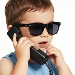 photograph of a little kid wearing cheap plastic black sunglasses, early 2 0 0 0's, talking on a fake phone, nostalgic, early digital photography
