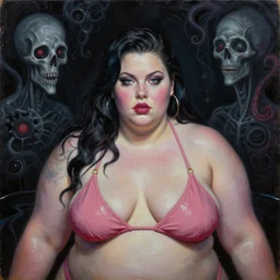 a detailed upper body portrait of jessica jones as a fat obese bikini model. psychedelic lovecraftian surrealism. oil on canvas, black oil bath. in the style of thomas kincade, ross tran, and dan mumford.