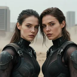 cinestill 5 0 d photographic portrait of two loving female androids wearing rugged black mesh techwear in a desolate los angeles, extreme closeup, modern cyberpunk, dust storm, 8 k, hd, high resolution, 3 5 mm, f / 3 2, ultra realistic faces, ex machina