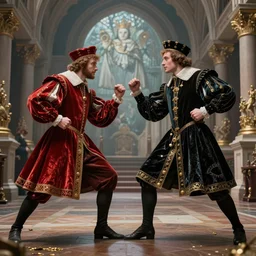 rap battle between a modern man and henry viiith, italian art, realistic 4 k octane beautifully detailed render, 4 k post - processing, highly detailed, intricate complexity, epic composition, magical atmosphere, cinematic lighting, masterpiece, ultra hd