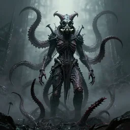 dark scary atomospheric detailed outsider cyberpunk demon with scaly tentacles from the netherealm wearing a gas mask by hr giger and alex grey