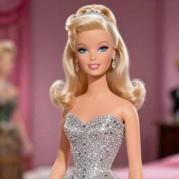 classical Hollywood star barbie with her sparkling diamond dress, real diamonds, vintage, beautiful details, cinestill 800t