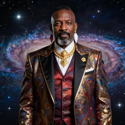 mr. t as president of the galaxy with mohawk and wearing gold jewelry and a fancy scifi three - piece suit and feather earrings, patriotic, space background, professional studio photo, medium shot, hyper color pop art style