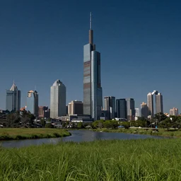 a skyscrapper in the middle of a grassy field, with a river running through it and a star filled sky in the background