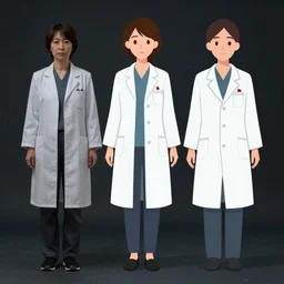 full body character design, realistic preparations, japanese scientists woman, simplified cartoon character. dark lighting, lowkey lighting