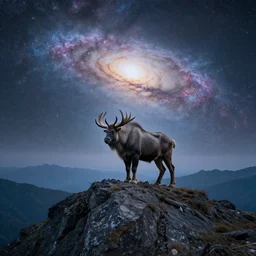yeti on the top of a mountain with a galaxy in the sky, cinematic