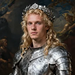 beautiful rugged thick saoirse ronan, blonde hair, wearing silver armour, ornate silver wreath, oil painting by titian, hard focus, masterpiece